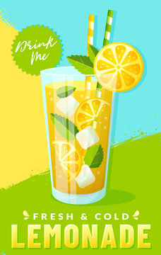 Poster with lemonade and colorful background. Vector.