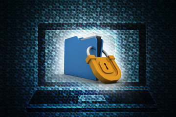 Yellow folder and lock. Data security concept. 3D rendering
