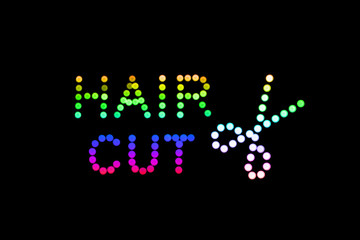 Neon LED light dots sign of Hair Cut and Scissors symbol on black, Barber shop neon light abstract...