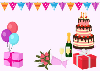 Happy birthday vector greeting card background with colorful balloons, gift box with ribbons, flowers, large cake with candels, flags and bottle of champagne.
