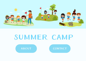 Web template of kids summer camp holidays and vacation. Green islands and blue sea Cartoon children characters play footbal, tennis, jumping and hiking. Advertising Summer Camp.