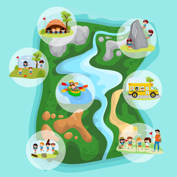 Children summer camp concept with camping, kids in tent, climbing on mountains, floating in boats, jumping, play in football and tennis, hiking on island . Poster in flat style, vector illustration.