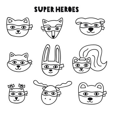 Superheroes animals faces. Hand drawn vector icon illustration design in scandinavian, nordic style. Best for nursery, childish textile, apparel, poster, postcard. 