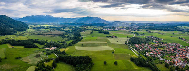 Isartal Karwendel mountains. Aerial Drone Shot. Isar river, Bavaria, Bad Toelz Greiling, Germany