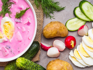 Fresh cold vegetable beetroot soup with cucumber, dill. Spring detox, diet, clean food. Holodnik....