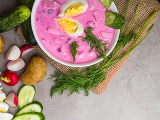Fresh cold vegetable beetroot soup with cucumber, dill. Spring detox, diet, clean food. Holodnik. Rustic style. Selective focus