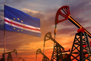 Cabo Verde oil industry concept. Industrial illustration - Cabo Verde flag and oil wells with the red and blue sunset or sunrise sky background - 3D illustration