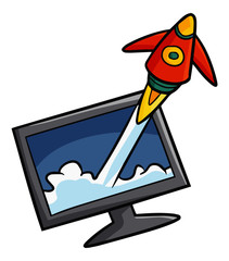 Cute and funny rocket coming out from TV - vector