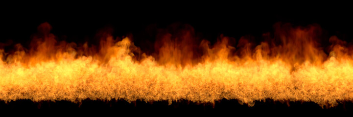 Line of fire at bottom - fire 3D illustration of mysterious flaming explosion, sylized frame isolated on black background
