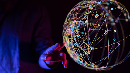 touching global network and data exchanges over the world 3D rendering