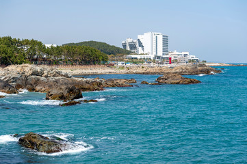 Seaside of north-eastern Busan seen from Haedong Yonggungsa Temple, one of tourist landmarks and...