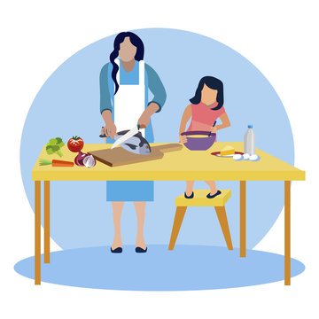 Mom and daughter cook in kitchen vector