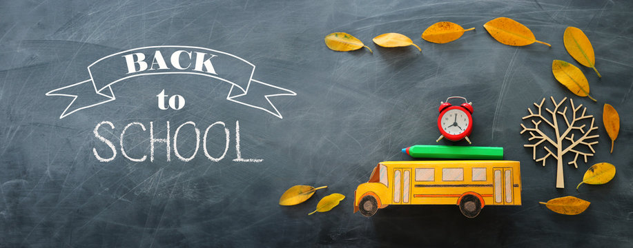 Back to school concept. Top view banner of school bus, alarm clock and pencil next to tree with autumn dry leaves over classroom blackboard background
