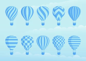 Papier Peint photo Montgolfière Collection of duotone vector hot air balloons. Zig zags, wavy lines, striped or checkered patterns on vintage style hot air balloon with basket at cloud background for sky holiday adventure design