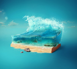 Travel and vacation background. 3d illustration with cut of the ground and the beautiful sea underwater. Baby sea isolated on blue. © vitaliy_melnik