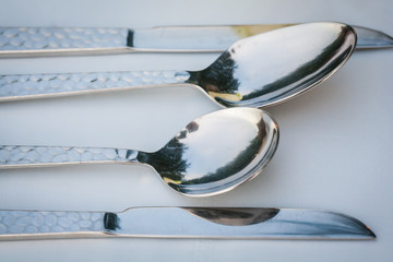 Dinner set. Fork, knife and spoon on the table