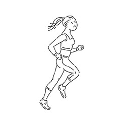 Fototapeta na wymiar Young girl fitness athlete runs vector line art black white flat illustration.