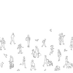 Fototapeta na wymiar Vector urban people crowd seamless pattern. Children and pigeons and other characters line art style black white illustration background.