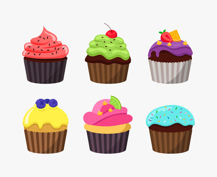 Cupcakes in cartoon flat design isolated on white background. Cute tasty cakes vector colorful illustration.