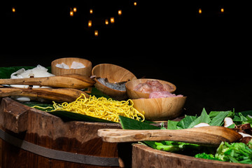 Food was prepared for the wedding dinner.