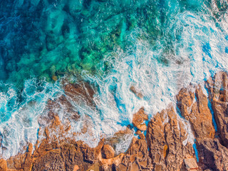 Power of water, turquoise Mediterranean Sea washed away coast by storm. Aerial photo.