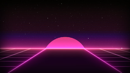 Fototapeta na wymiar Retro Sci-Fi Background Futuristic landscape of the 80`s. Digital Cyber Surface. Suitable for design in the style of the 1980`s