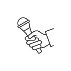 Microphone in Hand vector linear icon. Hand with Mic concept symbol in thin line style