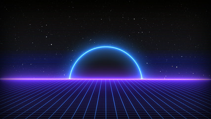 Retro Sci-Fi Background Futuristic landscape of the 80`s. Digital Cyber Surface. Suitable for design in the style of the 1980`s