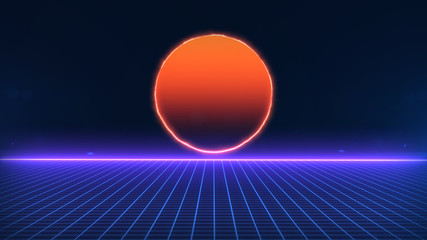 Retro Sci-Fi Background Futuristic landscape of the 80`s. Digital Cyber Surface. Suitable for design in the style of the 1980`s