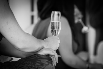 Glasses of champagne at luxurious wedding ceremony.