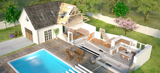 Home with pool, cross  section - obrazy, fototapety, plakaty
