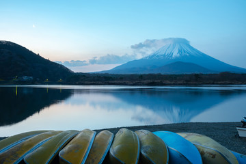 Mount Fuji, the World Heritage, view at Lake Shoji ( Shojiko ) in the morning day. Mt. Fuji...