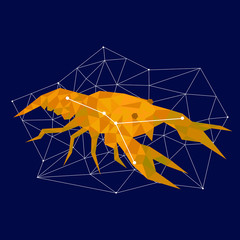 Cancer zodiac golden vector sign on the dark blue background. Vector horoscope symbol cancer for astrology predictions. Gold design zodiac sign of horoscope constellation vector stars