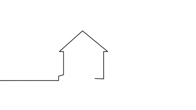 Self drawing simple animation of single continuous one line drawing logo, sign, home, house, shape, architecture, building, build, agent . Drawing by hand, black lines on a white background.