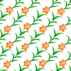 Materiał do szycia Beautiful seamless pattern of pink lilies with green leaves intertwined on a white background. .