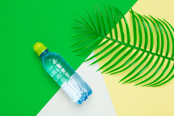 Transparent liquid bottle with tropical palm leaves, top view