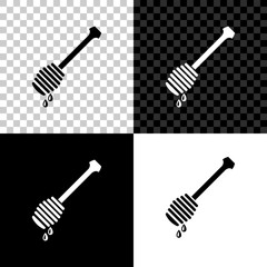 Honey dipper stick with dripping honey icon isolated on black, white and transparent background. Honey ladle. Vector Illustration