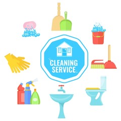 Banner template with home and office cleaning tools.