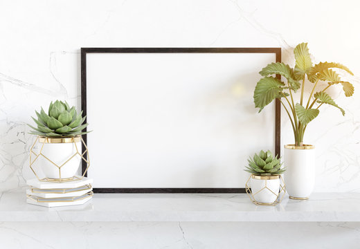 Black frame leaning on white shelve in bright interior with plants and decorations mockup 3D rendering