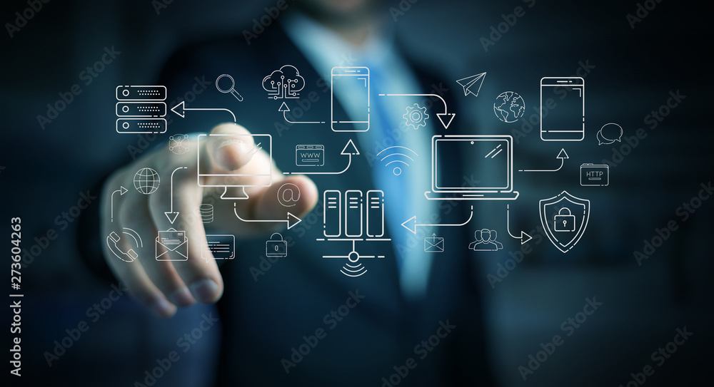 Poster businessman using tech devices and icons thin line interface