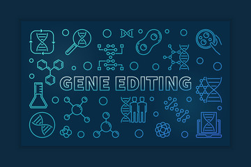 Gene Editing vector blue outline horizontal banner on dark background