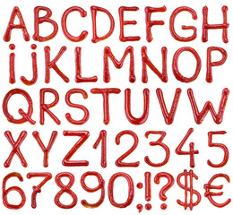 Letters of the alphabet written ketchup sauce. - obrazy, fototapety, plakaty