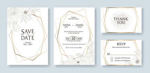 Wedding Invitation, save the date, thank you, rsvp card Design template. Vector. Flower, rose, greenery.