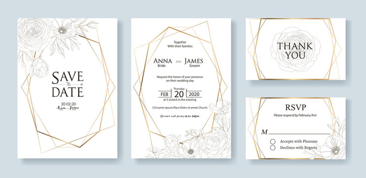 Wedding Invitation, save the date, thank you, rsvp card Design template. Vector. Flower, rose, greenery.