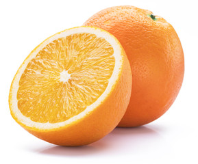 Orange fruit with orange slice on white background.