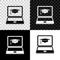 Graduation cap and laptop icon. Online learning or e-learning concept icon isolated on black, white and transparent background. Vector Illustration