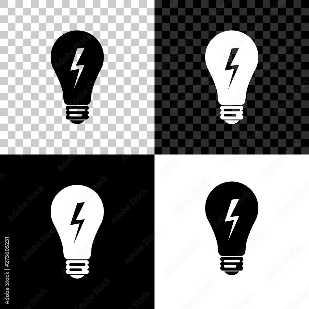 Poster light lamp sign. bulb with lightning symbol icon isolated on black, white and transparent background