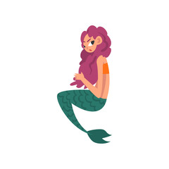 Cute Little Mermaid with Purple Hair, Fairytale Mythical Creature Cartoon Character Vector Illustration