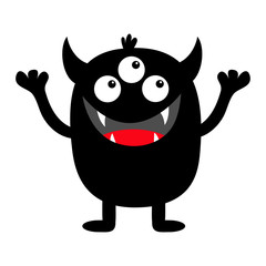 Monster black silhouette. Cute cartoon kawaii scary funny character. Baby collection. Three eyes, fang tooth tongue, hands up. White background. Isolated. Happy Halloween. Flat design.