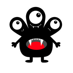 Monster black silhouette. Three eyes, fang tooth tongue, hands. Cute cartoon kawaii scary funny character. Baby collection.Happy Halloween. White background. Isolated. Flat design.
